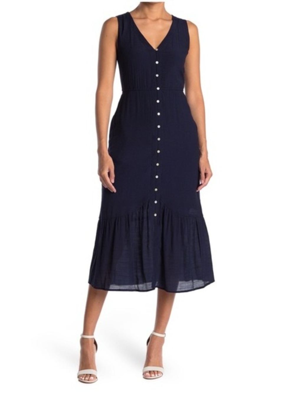 Nanette Lepore Navy Blue Sleeveless Button Down Ruffle Hem Midi Dress